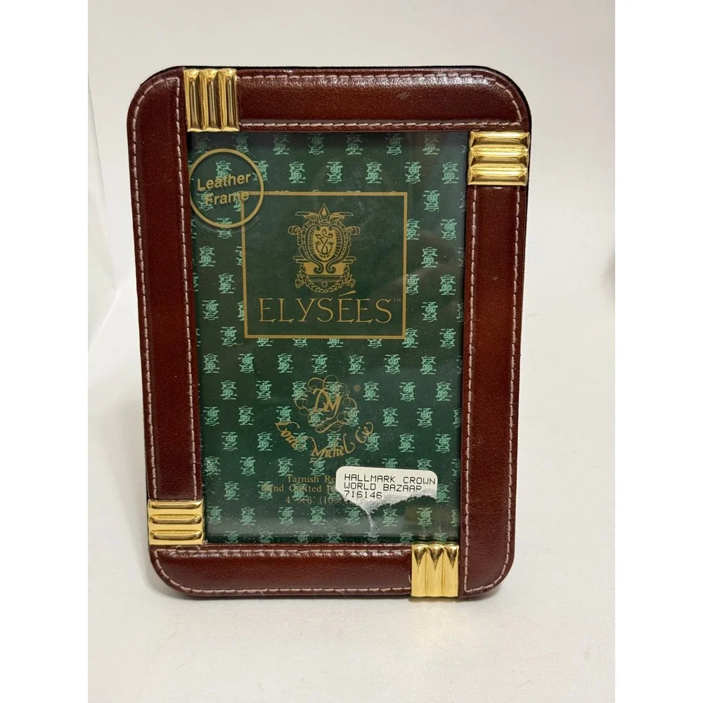 Vintage ELYSEES Brown Leather 4x6 Picture Frame Gold Tone Desk Hallmark NOS